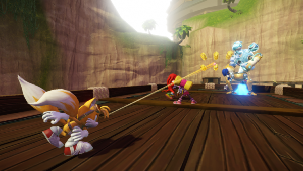 Sonic und seine Freunde kämpfen gegen einen Roboter.