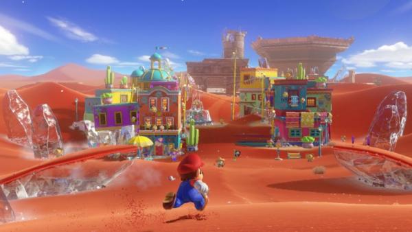 screenshot: Mario läuft über die Brutzelebene in der Wüstenstadt.