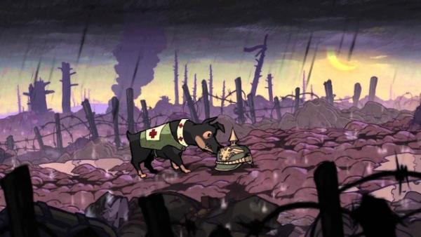 Screenshot mit Hund auf Schlachtfeld, der an Helm schnüffelt