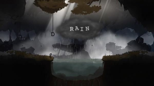 Screenshot: Das Strichmännchen muss eine Regenwolke durch Buchstabenkombinationen verändern, um weiterzukommen.