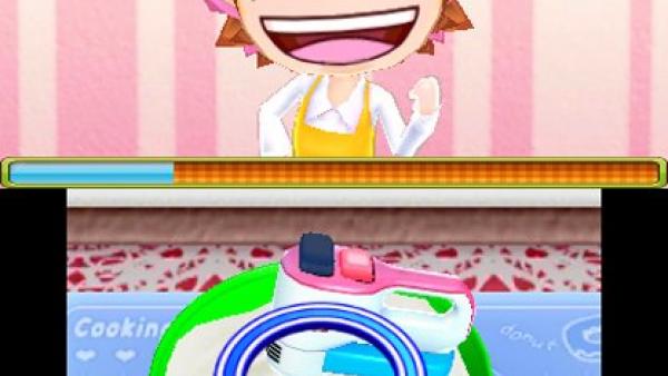 Screenshot: Am oberen Bildschirm lacht Cooking Mama, am unteren Bildschirm ist ein elektrischer Mixer zu sehen