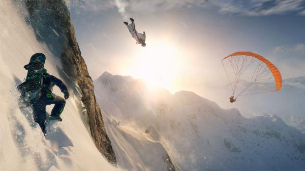Screenshot: Ein Paragleiter, ein Wingsuite-Springer und ein Snowboarder bezwingen einen Berg
