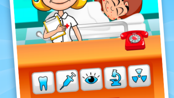 Screenshot: eine Ärztin mit einer Denkblase mit Spritze darin und ein Kind mit Masern