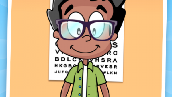 Screenshot: ein Kind mit Brille und ein Sehtest