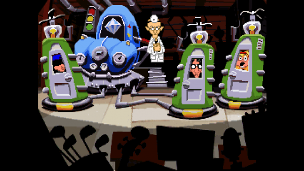 Screenshot: Zeitmaschine mit den drei Hauptcharakteren und einem verrückten Wissenschaftler. Die Szene ist in der Originalgrafik dargestellt.