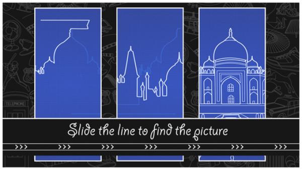 Auf blauem Hintergrund ist das Taj Mahal gezeichnet, das die Spielenden mit den Linien nachziehen müssen.