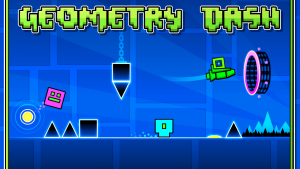 Screenshot von "Geometry Dash" mit geometrischen Figuren und einer Rakete