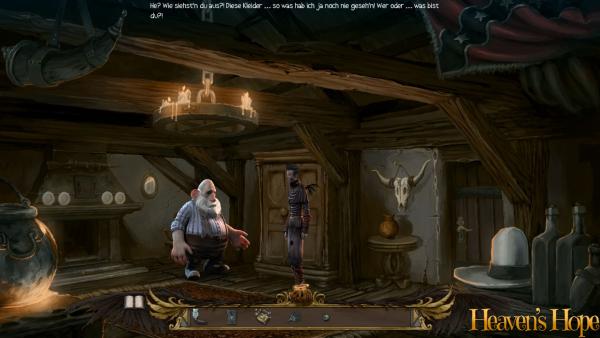 Screenshot: Ein Engel und ein dicker Farmer stehen in seiner urigen Hütte.