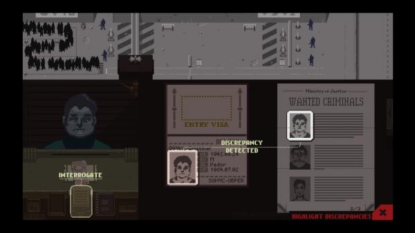Bild des Spielmenüs; Die Person am Zollschalter ist ebenso in einer Liste mit Bildern von gesuchten Verbrechern zu sehen.