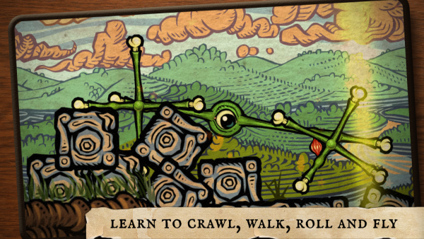 Spielfigur mit vielen Gliedmaßen. Schriftzug: "Learn to crawl, walk, roll and fly".