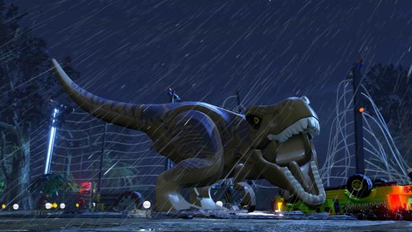 Screenshot: ein brüllender LEGO-Tyrannosaurus