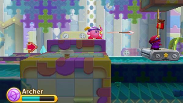 Screenshot von "Kirby: Triple Deluxe" zeigt Kirby mit Pfeil und Bogen