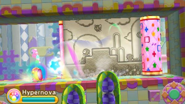 Screenshot von "Kirby: Triple Deluxe" zeigt Kirby und eine entrollte Tapete