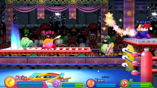 Screenshot von "Kirby: Triple Deluxe" zeigt vier Kirbys im Boxring, gespielt wird "Kirby's Recken", eine in  "Kirby Triple Deluxe" enthaltene Erweiterung