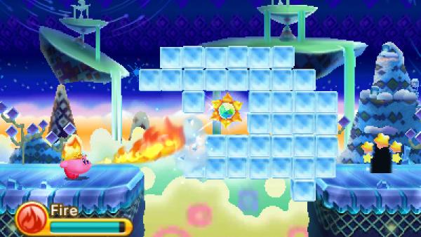 Screenshot von "Kirby: Triple Deluxe" zeigt einen feuerspeienden Kirby