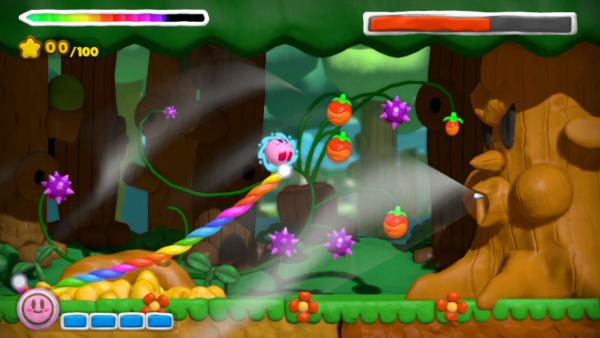 Screenshot: Waldlevel, Kirby sammelt Früchte ein