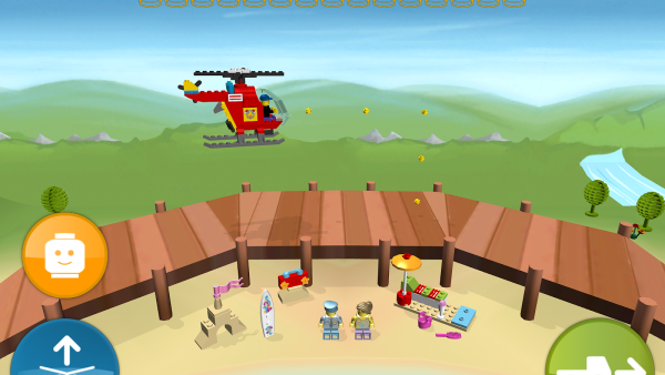 Ein roter Hubschrauber fliegt am Strand vorbei, wo sich Legofiguren sonnen.
