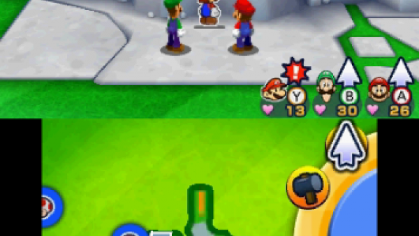 Screenshot: Mario, luigi und Papier Mario stehen vor einer Felsspalte