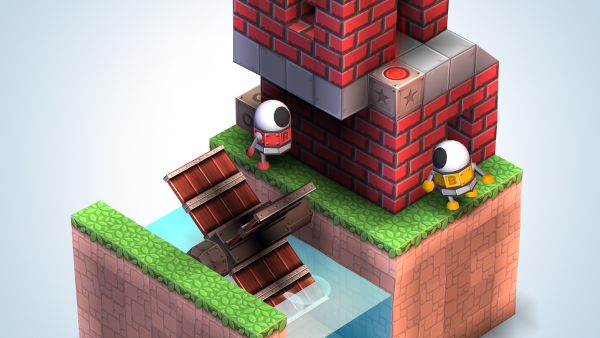 Screenshot: Zwei Roboter stehen neben einem Gebäude, das einer Wassermühle gleicht.