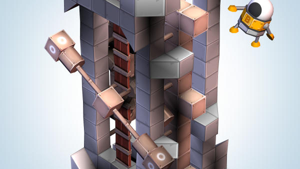 Screenshot: Ein Roboter fällt von einem Turm aus Bauklötzen.