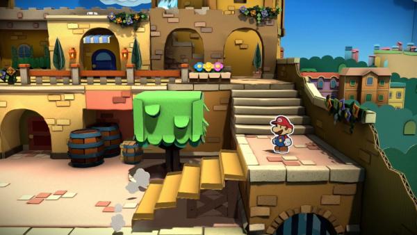 Screenshot: Mario in einer Stadt aus Papier.