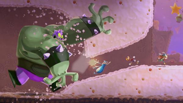Screenshot: Rayman flieht vor grünem Monster