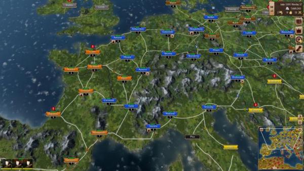 Screenshot: Eine Übersichtskarte von Europa mit vernetzten Städten und Handelswegen.