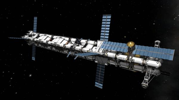 Eine Raumstation mit Solarsegeln, die um den Planeten Kerbal kreist