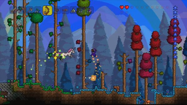 Screenshot: Fantastischer Zauberwald mit roten und grünen Bäumen, ein Einhorn springt gerade