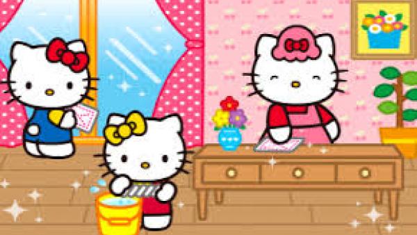 Hello Kitty Familie putzt die Wohnung