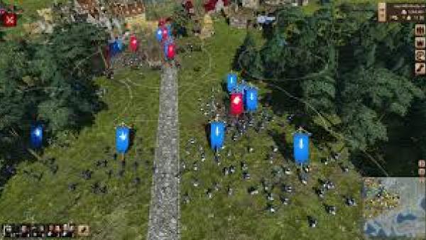 Screenshot: Kampfszenario: Truppen mit Wappen kämpfen gegen andere vor einer Stadt.