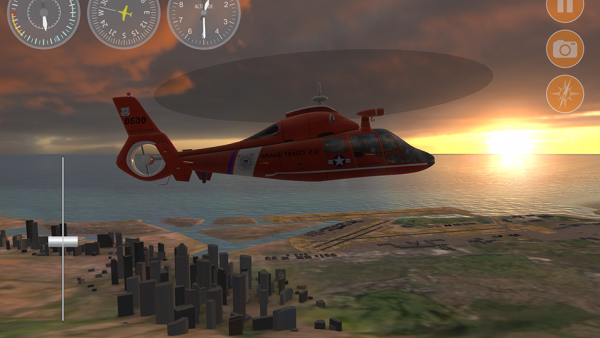 Screenshot: Roter Hubschrauber, der im Sonnenuntergang über eine Stadt fliegt