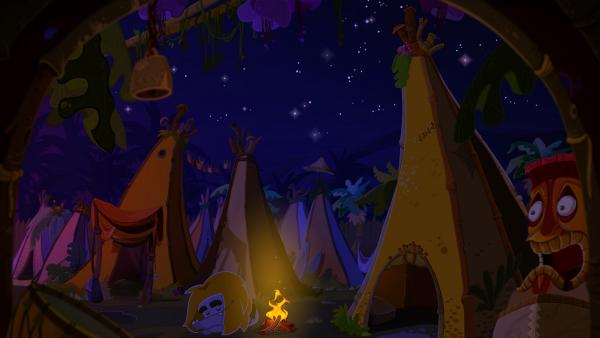 Screenshot: Ungh schläft neben dem Lagerfeuer, um ihn herum lauter Zelte