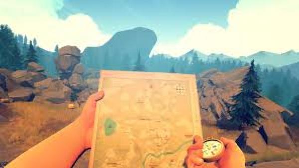 Screenshot: Spielfigur benützt eine Karte und einen Kompass auf einem Berg.