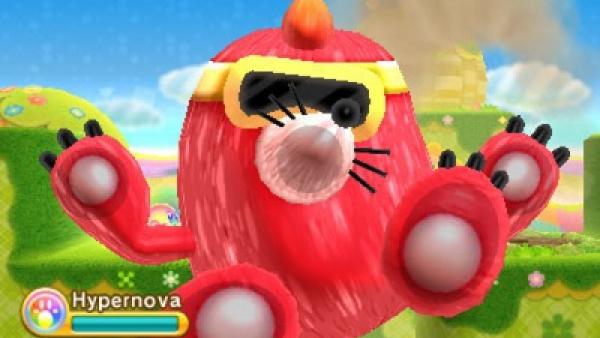 Screenshot von "Kirby: Triple Deluxe" zeigt einen roten Maulwurf-Gegner mit  gelber Brille, der innen gegen das Display geschleudert wurde und sich dort auf lustige Art und Weise festhält