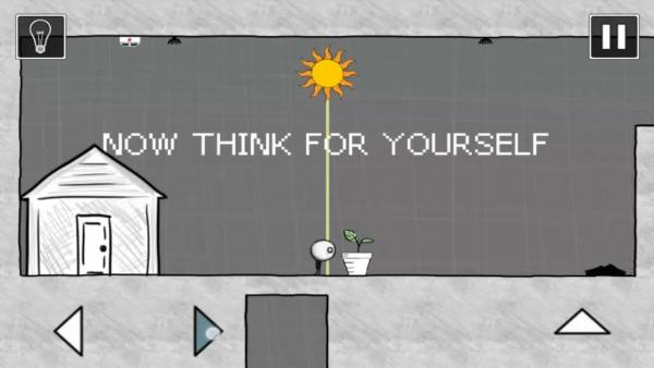 Screenshot: Eine 2D-Ansicht eines Hauses, Sonne und eine Figur mit einer Pflanze; alles im Comicstil. 