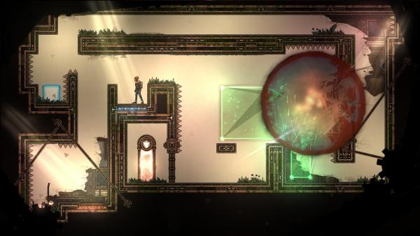 Screenshot: Im Level sieht man einen große rote Kugel. Die Spielfigur steht auf einem Schalter.