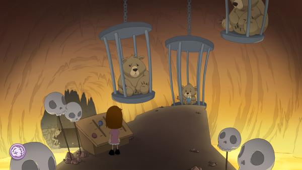 Screenshot: Bären sind in hängenden Käfigen gefangen.