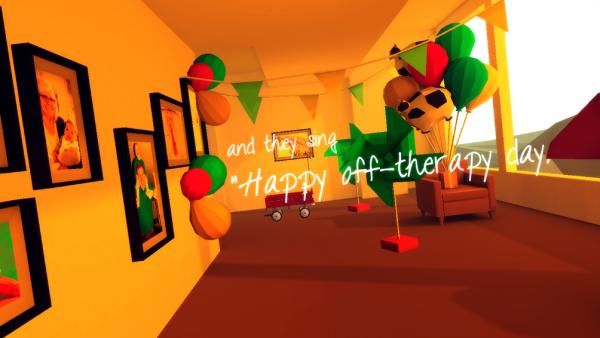 Screenshot: In einem Raum sind Ballons und Fahnen aufgehängt. In der Mitte steht der Text "and they sing Happy off-therapy day."