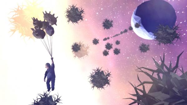 Screenshot: Ein kleiner Junge lässt sich von mehreren, stachelig geformten Ballons in die Luft ziehen. Im Hintergrund schweben stachelige Kugeln vor einem blauen Planeten und einem Sternenhimmel