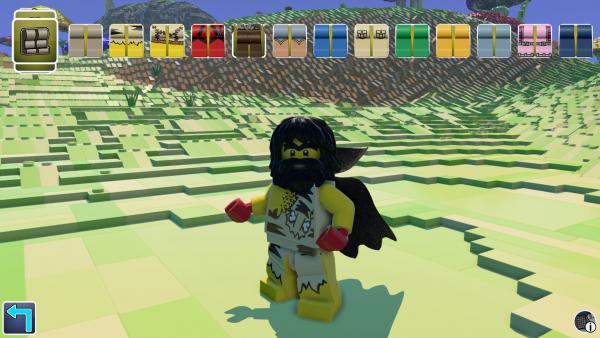 Screenshot: LEGO-Charakter mit dichtem Bart und langen schwarzen Haaren, der mit Fellen bekleidet ist. Am oberen Bildrand ist ein Auswahlmenü mit verschiedenen LEGO-Beinen, die unterschiedliche Kleidungsmuster aufweisen