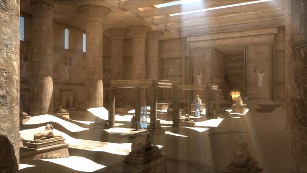 Screenshot: Ein ägyptisch wirkender Tempel in dem zwei moderne, computerartige Gerätschaften stehen.