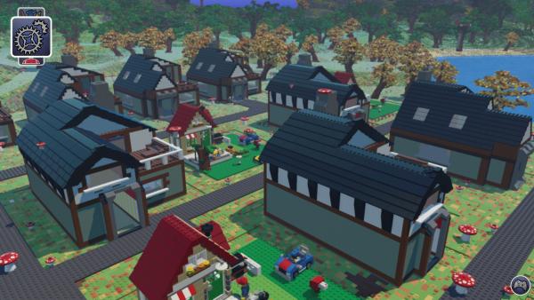 Screenshot: Eine kleine LEGO-Stadt mit verschiedenen Häusern im Fachwerkhaus-Stil