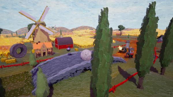 Screenshot: In einer an Van Gogh'sche Zeichnungen erinnernde Landschaft rollt eine Steinkugel über eine Brücke