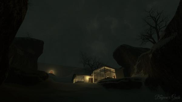 Screenshot: In finsterer Nacht sind zwei Zimmer eines Hauses von innen her hell beleuchtet