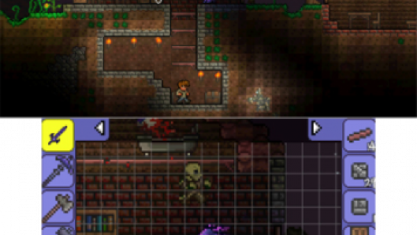 Screenshot: ein Haut mit Keller und ein Skelett, das die Spielfigur jagt