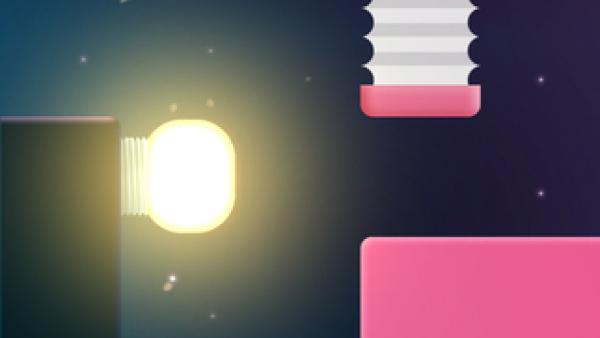 Screenshot:ein Level aus Blöcken, ein weiblicher Charakter, ein Ei, eine Batterie, eine leuchtende Glühbirne