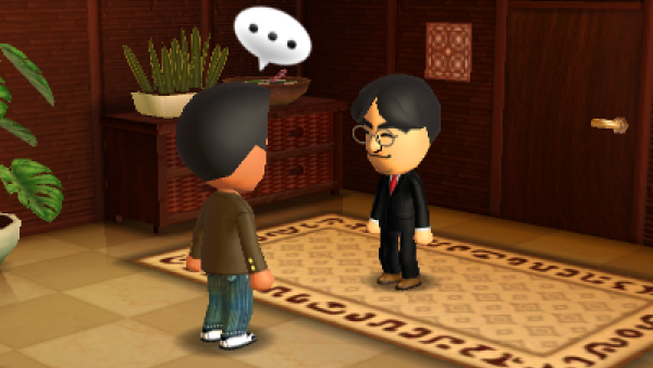 Screenshot von "Tomodachi Life" mit zwei sich unterhaltenden Spielfiguren
