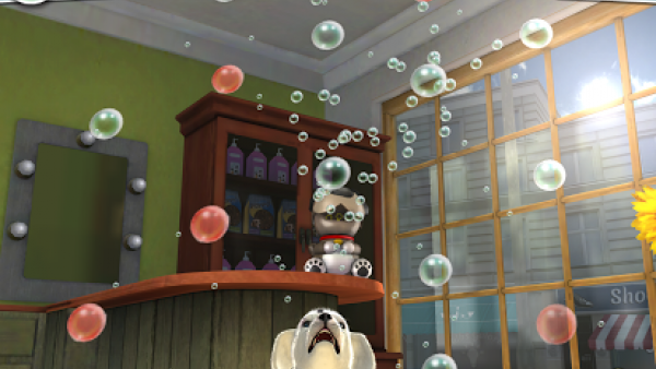 Ein Hund fängt Seifenblasen.