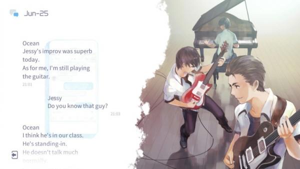 Screenshot: Links wird ein Dialog auf Englisch eingeblendet, rechts sind drei musizierende Jugendliche abgebildet.